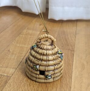 Adorable Ceramic Bee Hive Bell Ornament with Flowers 3"